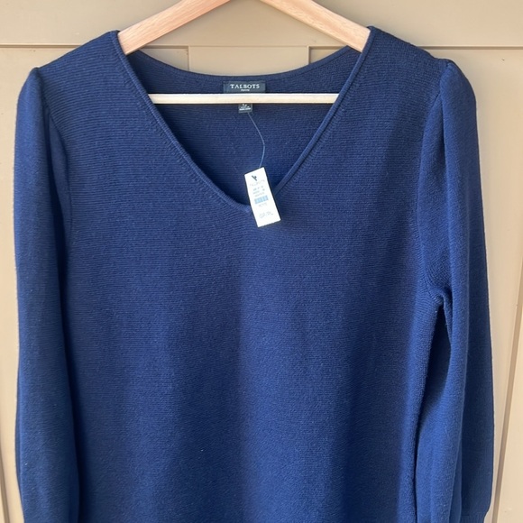 Talbots New w Tag Large Petite Navy 100% Merino Wool V Neck Midi Sweater Dress - Picture 3 of 11
